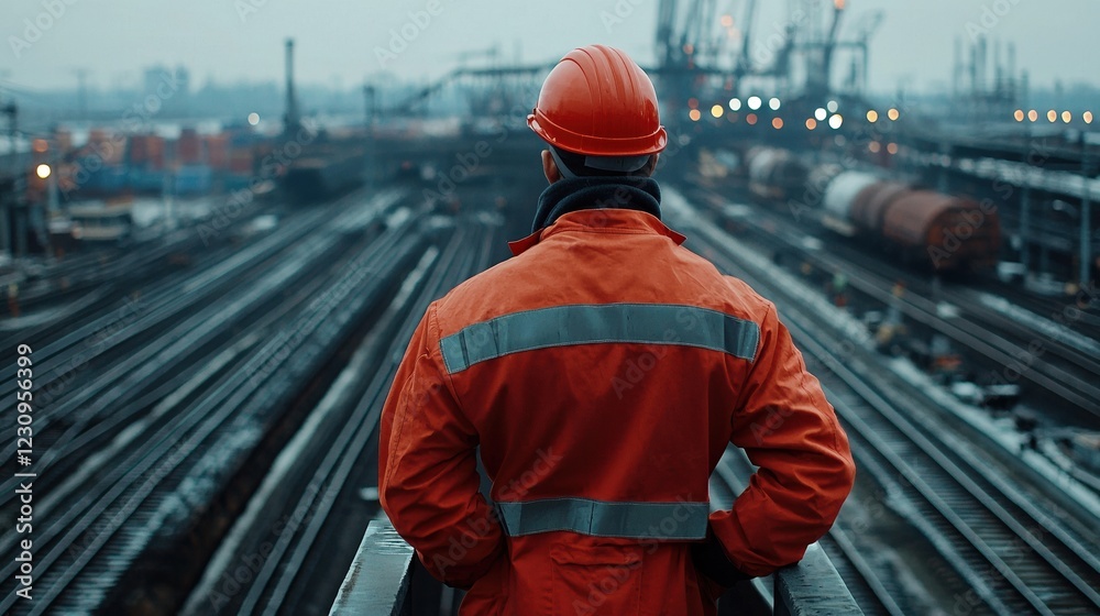 Poster Engineer worker back view standing on a railway bridge, looking at the tracks below