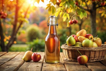 Naklejka premium High-resolution pear cider bottle mockup, autumnal theme, rule of thirds composition, highlighting drink packaging design.