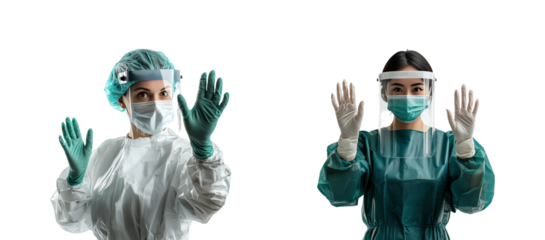 Healthcare Workers in Protective Gear with Hands Up