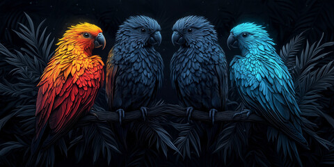 Four exotic parrots with vibrant and dark feathers perched on a branch in a mystical forest