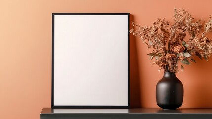 Minimalist Frame on a Shelf with Dried Flowers and Orange Wall