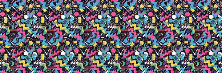 Obraz premium Seamless pattern with geometric shapes in the style. Multicolored vintage background with triangles, circles and squares for textile, fabric and Sudanese fabric art. 