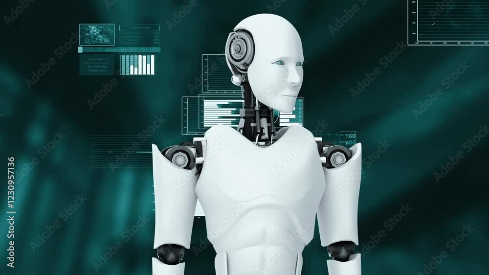 Poster futuristic robot, artificial intelligence cgi big data analytics and programming . robotic man 3d re