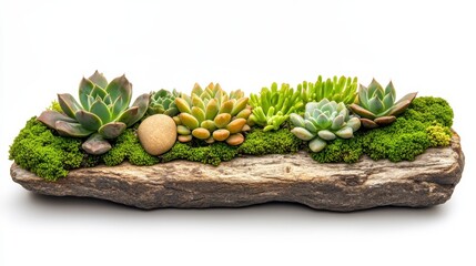 Elegant Succulent Arrangement on Rustic Wooden Base with Moss