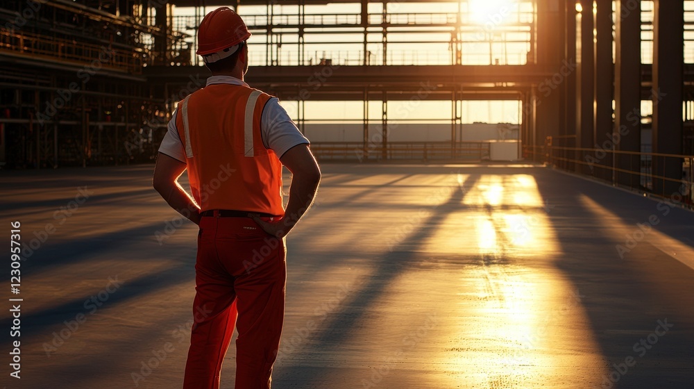 Poster engineer worker back view supervising an operation at sunrise, with long shadows across the ground
