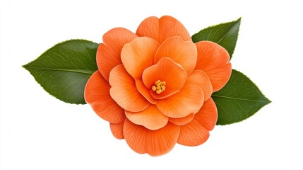 Vibrant Orange Camellia Flower with Lush Green Leaves Isolated