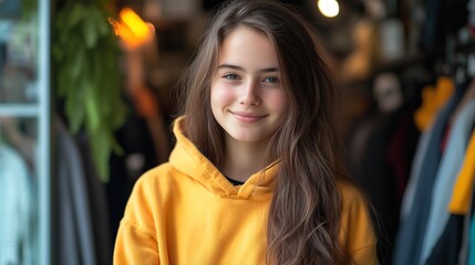 Fototapeta premium Portrait of a smiling teenage girl in a yellow hoodie, youthful confidence, casual style