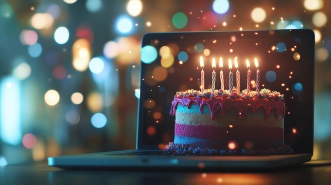 A digital birthday cake on a laptop screen during a virtual celebration, Virtual birthday cake theme, Digital style