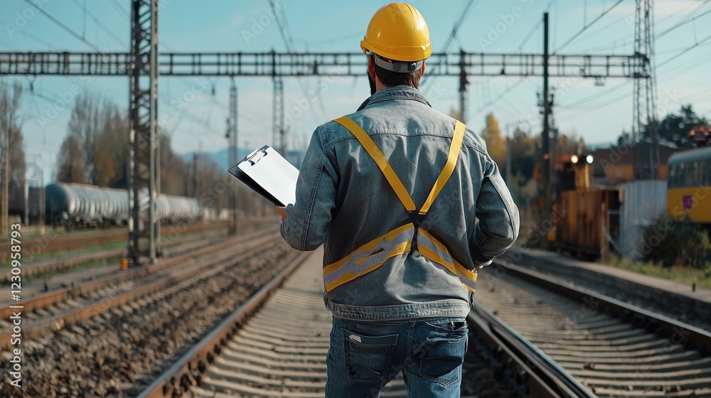 Poster engineer worker back view walking along railway tracks with a clipboard and helmet