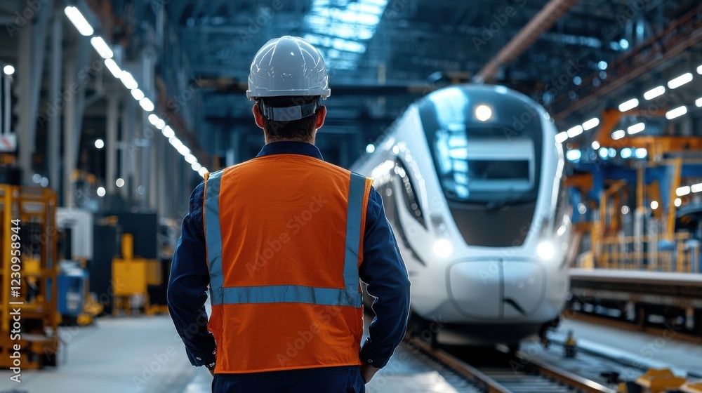Aufkleber engineer worker back view walking near a high-speed train during maintenance procedures at a depot -