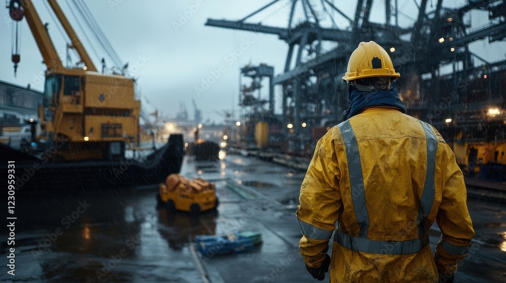 Poster engineer worker back view walking through a dockyard with heavy machinery operating nearby