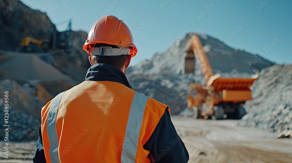 Poster Engineer worker back view walking toward a massive rock crusher at a mining site