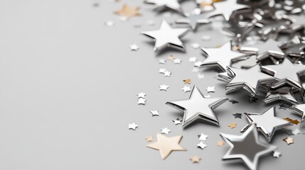 Fototapeta premium Shiny Silver and Gold Star Confetti on Light Gray Background