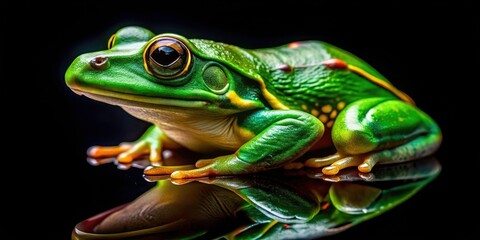 Obraz premium Macro photography reveals a green frog's intricate details, silhouetted against the night.