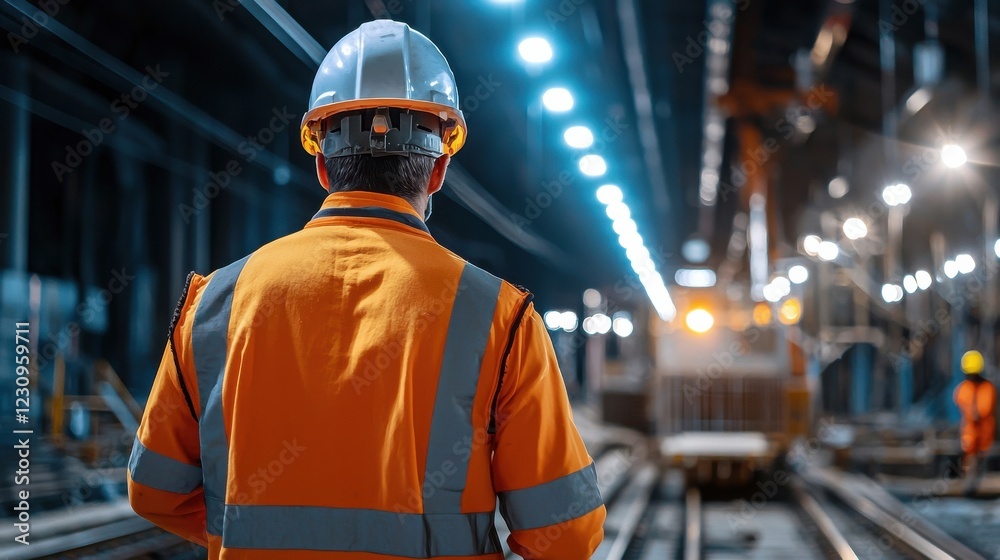 Poster Engineer worker back view walking through a rail tunnel under construction with safety lights illuminating the space