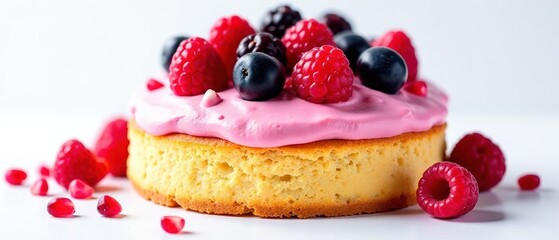 Pink Frosting Sponge Cake with Berries and Pomegranate Seeds