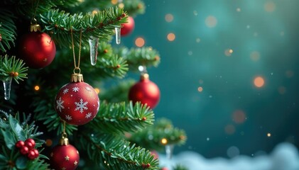 A lush green Christmas tree adorned with sparkling snowflake-shaped icicles and colorful ornaments, icicles, sparkles, holly