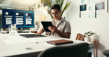 Project, creative or man on tablet in startup for analytics report, analysis or online research. Engagement, tech or content strategist reading digital marketing trends or social media app growth