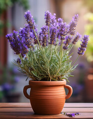 Fototapeta premium Vibrant Lavender in a Rustic Clay Pot – Realistic Home Décor
