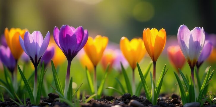 Colorful irises and crocuses blooming in a garden, botanical, crocuses, flowers