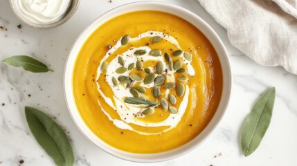 A rich and creamy butternut squash soup with a swirl of crème fraîche and a sprinkle of roasted pumpkin seeds, served in a white ceramic bowl, Soup centered
