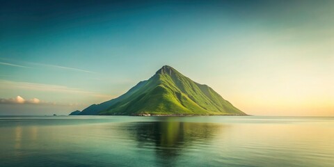 Minimalist Seascape: Green Mountain, Ocean View, Coastal Serenity, Beach Panorama