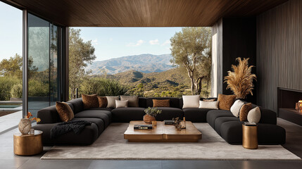 Fototapeta premium Modern Sectional Sofa with Mountain View: A contemporary sectional sofa in a sleek black fabric rests in a spacious living room with a large window offering a panoramic view of distant mountains.