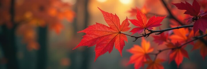 Crimson and amber leaves cling to skeletal branches, fall colors, crimson