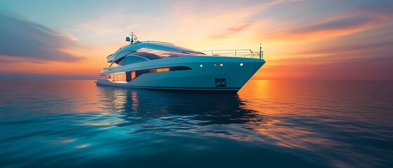 Naklejka premium A luxury yacht gliding across calm waters during a vibrant sunset, casting reflections of orange and pink hues.