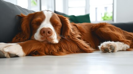 A brown and white dog is sprawled comfortably on a couch, eyes closed and fur glistening in the sunlight, creating a tranquil atmosphere in the cozy room
