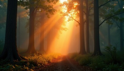 Foggy forest canopy with sun rays filtering through, tree canopies, golden light, orange hues