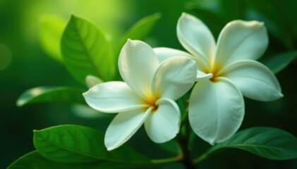 Fototapeta premium Fragrant white gardenia flower in a lush greenery, foliage, white, flowers