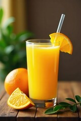 Fototapeta premium Freshly squeezed orange juice on a wooden table, healthy, juice, D