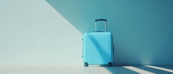 sweeping angle reveals the serene beauty of a sunny day, where a striking blue suitcase stands out against a bright blue background, evoking tranquility.