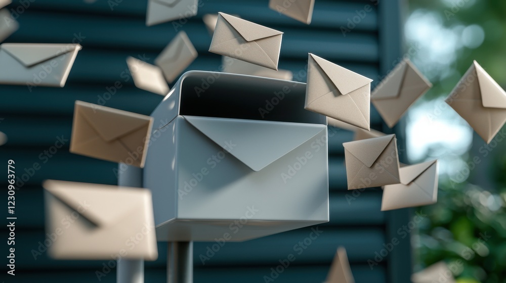 Poster a digital mailbox with envelopes flying in and out, symbolizing email communication