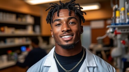 Fototapeta premium A smiling young scientist stands in a laboratory, wearing a lab coat. Colleagues can be seen busy with instruments in the background, highlighting teamwork and innovation