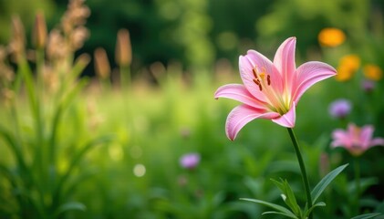 Light pink lily growing in a lush garden with tall grasses and wildflowers, plants, garden scene, pink lily garden