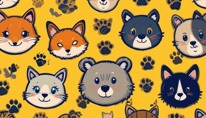 Adorable Animal Faces Pattern: Cats, Foxes, and Bears