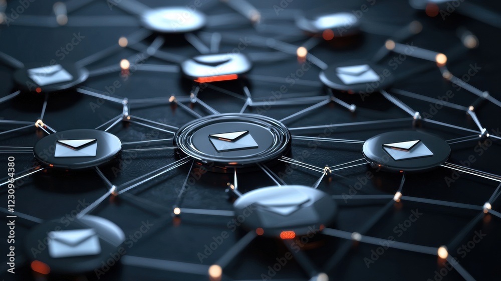 Poster a graphic illustration of multiple email icons interconnected in a network, symbolizing communicatio