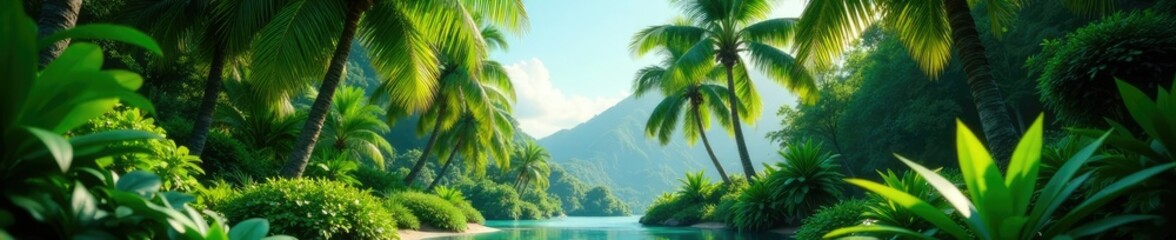 Lush palm trees and succulents in a lush green space, nature, botanical