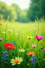 Fototapeta premium lush meadow filled with tall grasses and colorful flowers, grasses, meadow