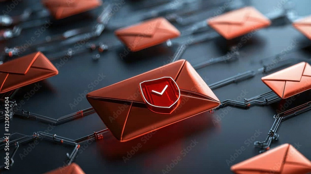Aufkleber a graphic representation of email spam filters in action, with red envelopes being blocked by a shie