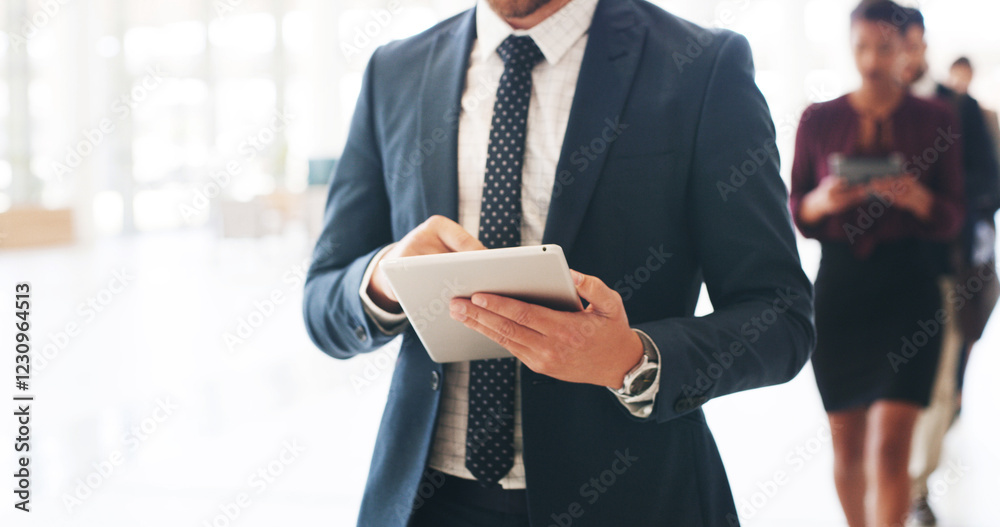 Poster hands, tablet and business man in office, check email or trading app in line for crypto convention. 