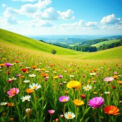 Rolling hills covered with a blanket of colorful wildflowers, summer flowers, colorful flowers, wildflower