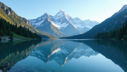 Naklejka premium Serene mountain landscape with white striped peaks mirrored in the lake, lake, , serene