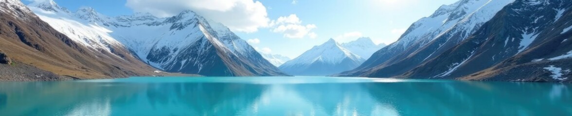 Obraz premium Serene turquoise lake amidst snow-capped Karakabak peaks, snow, nature, glaciers