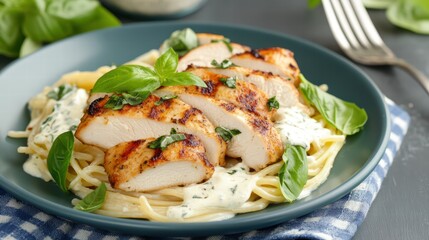 Grilled Chicken Breast Served with Creamy Pasta and Fresh Basil