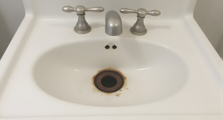 Fototapeta premium White Bathroom Sink with Faucet and Rust Stain