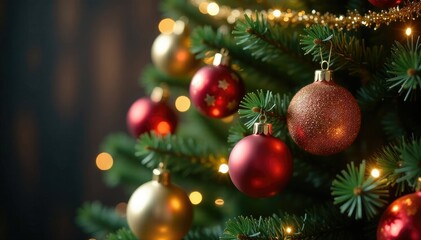 Fototapeta premium Sparkling Christmas tree decorated with ornaments, tree branches, sparkling ornaments, tinsel