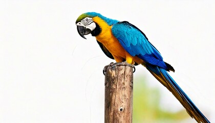 Obraz premium Blue and Yellow Macaw, Ara Ararauna, perched on pole in front of